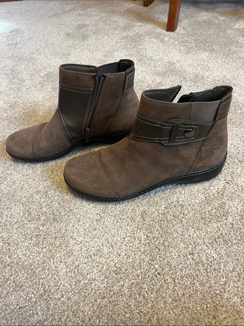 Clark’s Women's Brown Ankle Boots with Side Zip and Buckle Accent